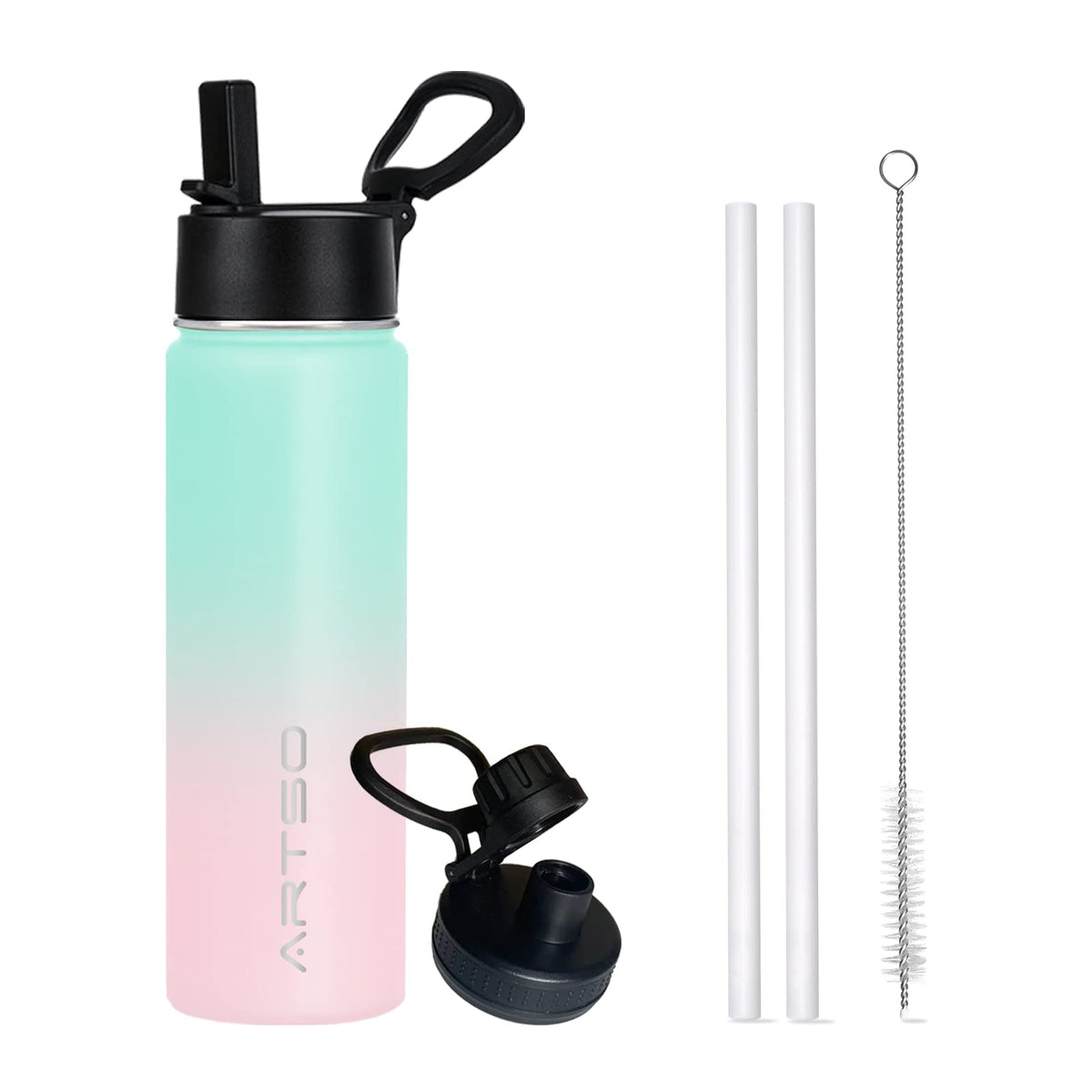 ARTSO 24oz Stainless Steel Insulated Water Bottle with Straw & Two LidsDouble Walled Vacuum Insulated Leak Proof Hot Cold Water Bottles Green/Pink Gradient