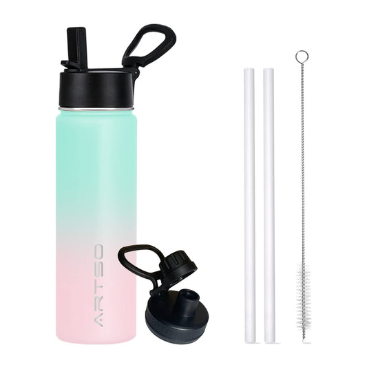 ARTSO 24oz Stainless Steel Insulated Water Bottle with Straw & Two LidsDouble Walled Vacuum Insulated Leak Proof Hot Cold Water Bottles Green/Pink Gradient