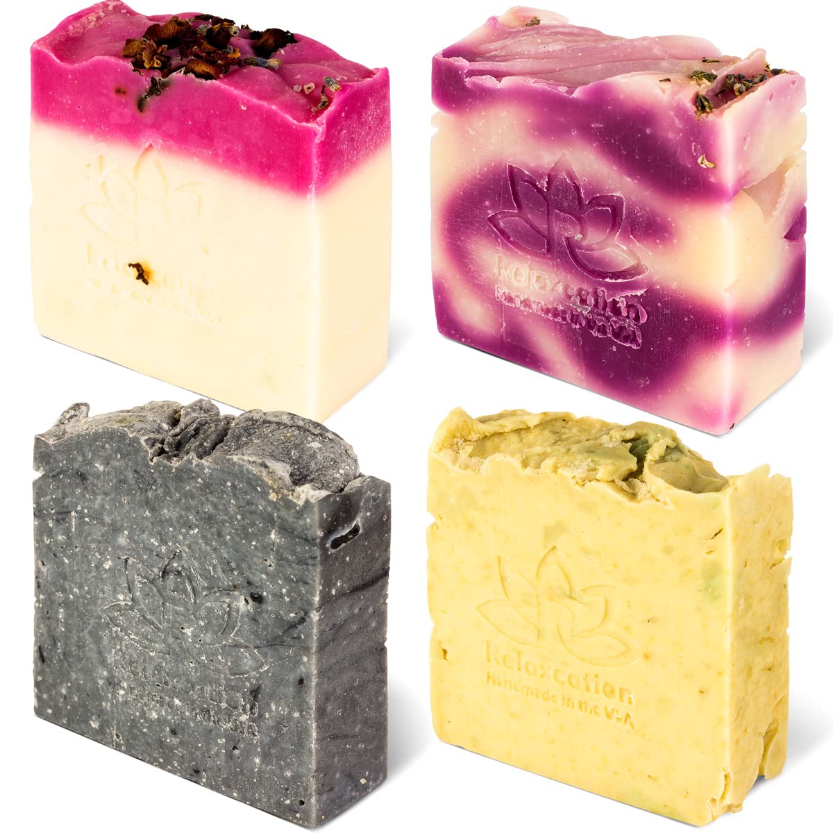 Relaxcation 4 Natural Cold Process Soap Bars - Shea Butter Lavender Kaolin Clay Rose Olive and Charcoal Soap Bar