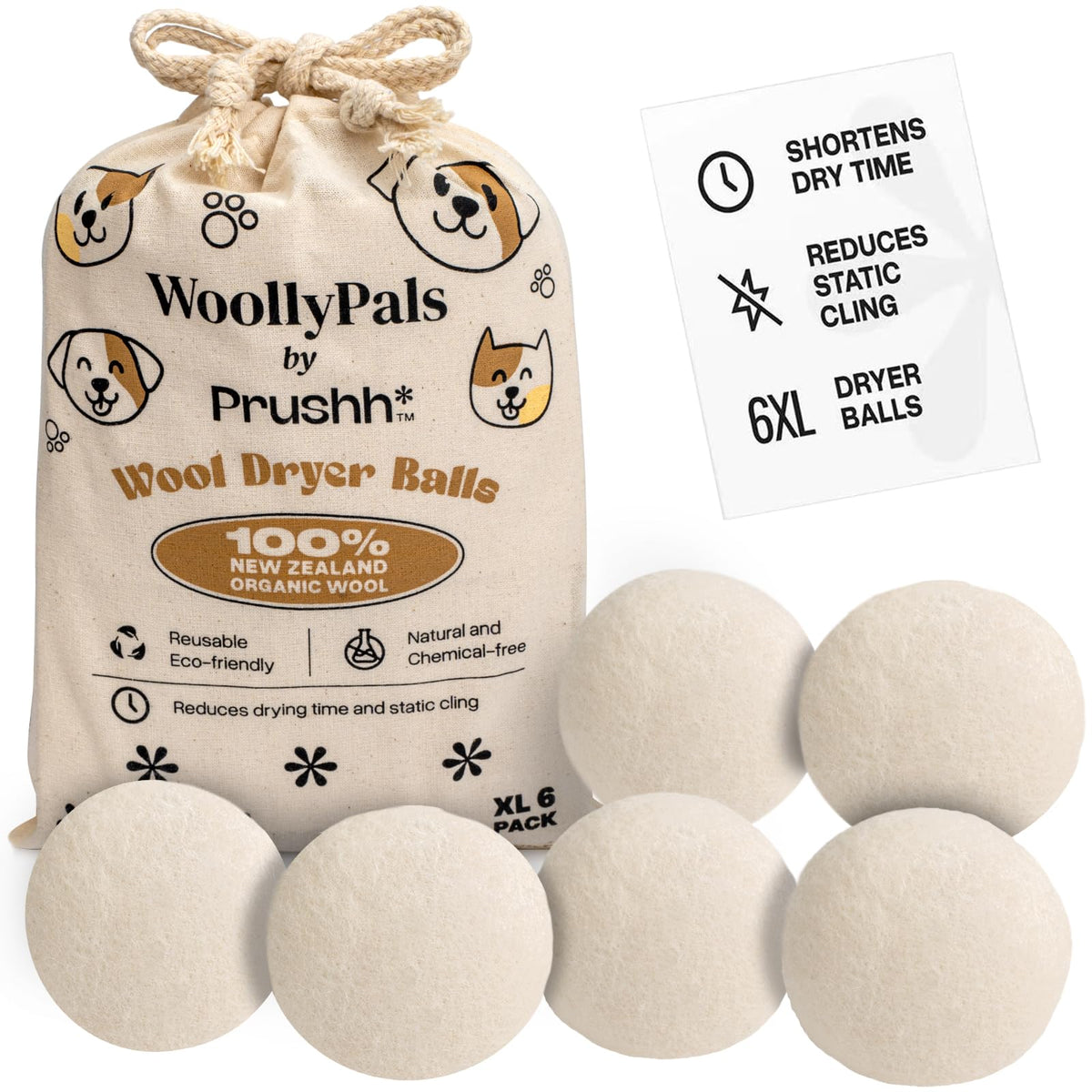 WoollyPals Wool Dryer Balls (6-Pack XL Size)- 100% New Zealand Organic Wool - Sustainable & Eco-Friendly - Dry 1000 Loads Replaces Dryer Sheets Reduces Static Cling Reusable (Plain Design)