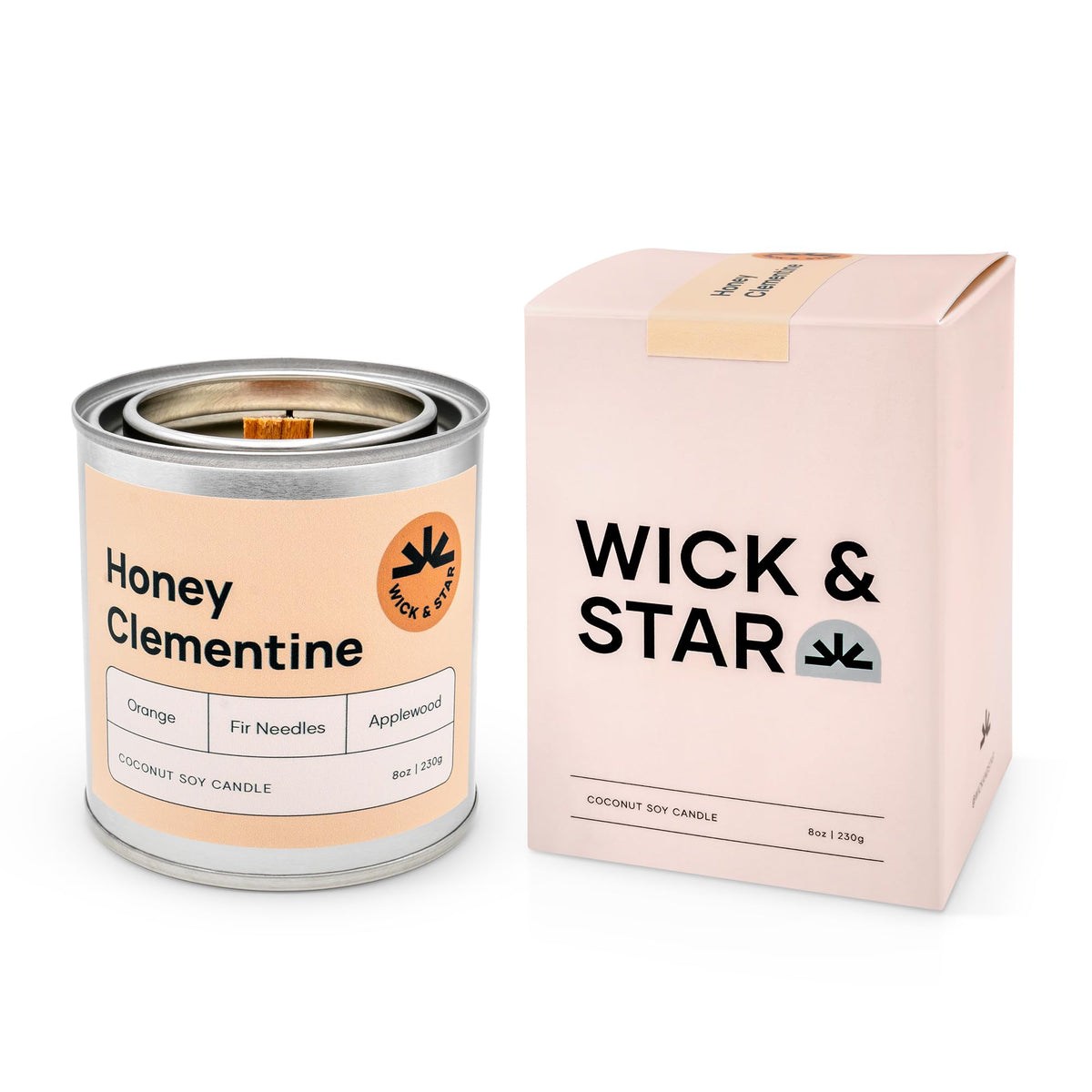 Wick & Star Vegan Non-Toxic Wood Wick Natural Coconut Soy Wax Aromatherapy Candle Clean Burning (Honey Clementine)
